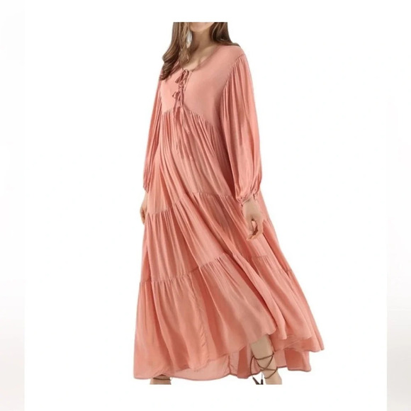 Young Fabulous & Broke Dawn Coral Tiered Oversized Midi Dress Medium - Picture 8 of 16